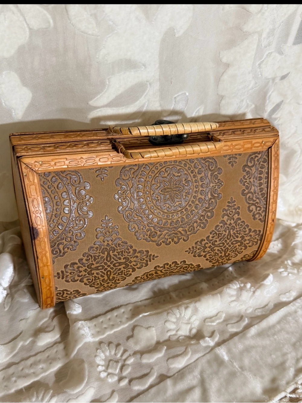 Autumnal Wood Box Purse Embossed Mandala Boho Tiki Clamshell Bag